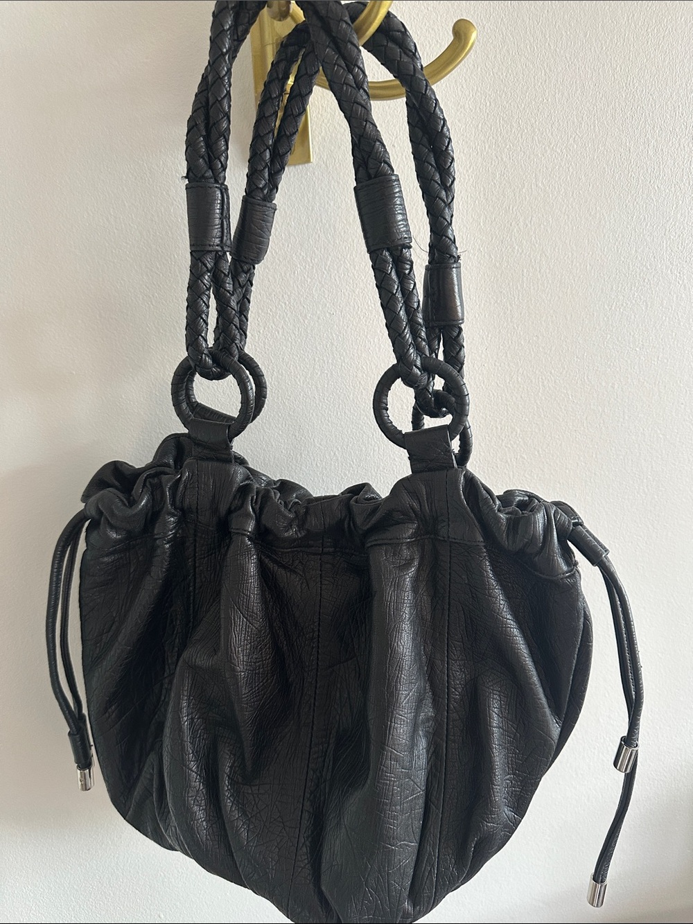 Adrienne Vittadini Black Braided-Handle Drawstring Shoulder Bag